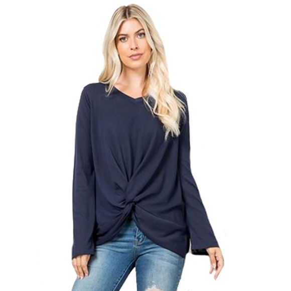 Navy Blue Womens Bell Sleeve V-Neck Twist Front Top Size Medium - Picture 3 of 3